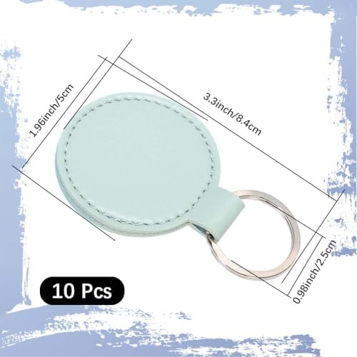10PCS PU Leather Keychain Blanks Light Green Double Side Leather Keychain Kits with Key Rings Round Key Fob Holder Bulk for DIY Craft Present Making Birthday Gift