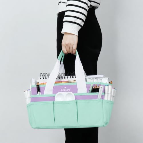 JJRING Craft Organizer Tote Bag Art Storage Caddy Green and Purple | With Multiple Pockets For Sewing, Scrapbooking, School, Medical, And Office Supplies