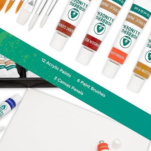 Norberg & Linden Acrylic Paint Set -12 Acrylic Paints, 6 Paint Brushes for Acrylic Painting, 3 Painting Canvas Panels - Premium Art Supplies for Adults Canvas Painting