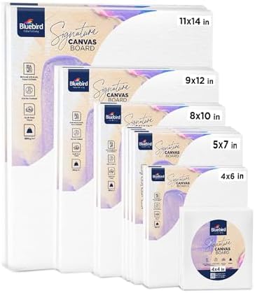 Bluebird Canvas Board - 4x4, 4x6, 5x7, 8x10, 9x12, 11x14. Set of 14 Gesso-Primed White Blank Canvases for Painting - 100% Cotton Canvas Board for Acrylic, Poster, Oil Paint