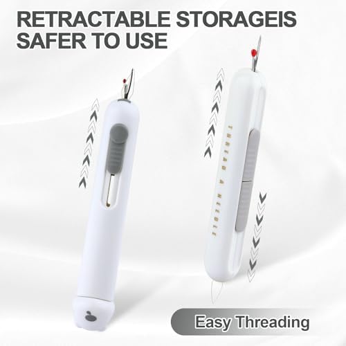 Automatic Needle Threaders Seam Ripper, Upgraded 3 in 1 Sewing Needle Threader Tool, 2Pcs Stretchable Quick Seam Rippers with Needle Storage for Hand Quilling, Embroidery Stitch Removal(Grey)