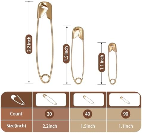 XKDOUS 150 Pack Safety Pins for Clothes 3 Universal Assorted Sizes, Gold
