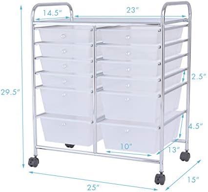LDAILY 12 Drawer Rolling Storage Cart, Craft Cart Organizer on Wheels w/Metal Frame, Large Capacity & Smooth Drawer, Rolling Cart w/Drawers for Classroom, Office