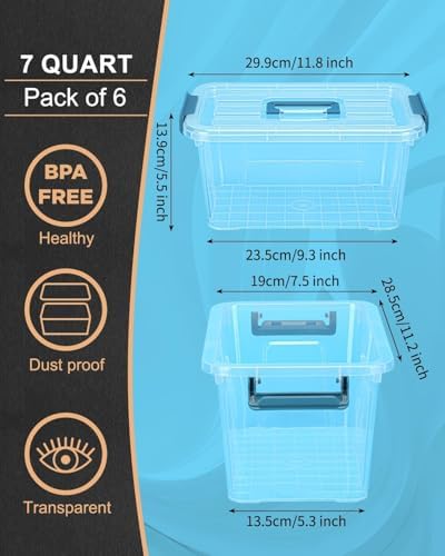 NUMIFUN Plastic Storage Bins with Lids 6 Pack, 7 Quart Storage Containers with Black Buckle Latch, Stackable Storage Containers for Home Pantry Office Classroom Organization, White