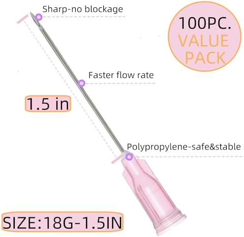100 Pack 18 Gauge 1.5 Inch Sterile Disposable Lab Supplies, Scientific and Industrial Dispensing Needle Accessories
