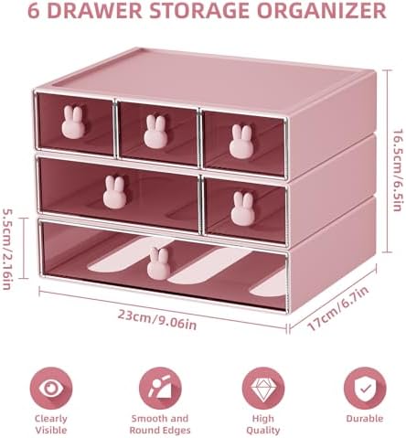Marbrasse Desk Organizer with 6 Drawers, 3 Tier Stackable Storage Drawers Plastic Makeup Storage, Office Organizers and Storage, Desk Storage Box for Office, School, Home Pink
