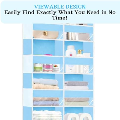 Over The Door Organizer 6 Tiers, Extra Large Behind Door Storage of 12 Compartments, 80 lbs Weight Capacity Hanging Storage Organizer with Clear Window Kids Toys,Shoes,Diapers,Room Storage,Blue