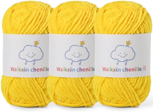 Skinny Chenille Yarn for Crocheting, 3 Pack of 1.75 oz/109 yds Amigurumi Yarn&Baby Yarn for Crocheting Soft, Fluffy Fingering Weight Velvet Yarn for DIY Crafts&Baby Blankets.(3 Golden Yellow)