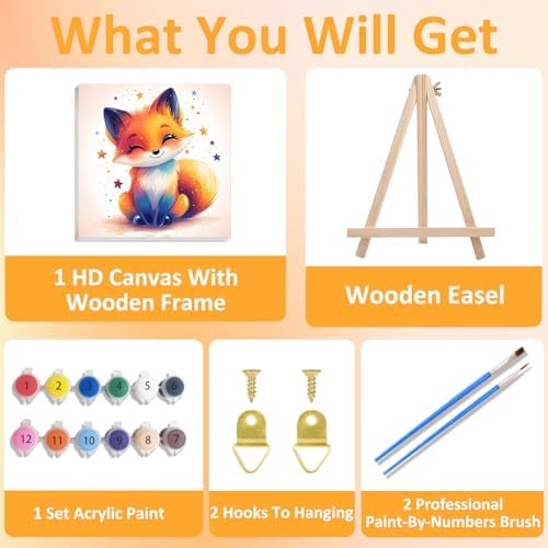 Fox Paint by Numbers Kit for Kids, 8x8 inch