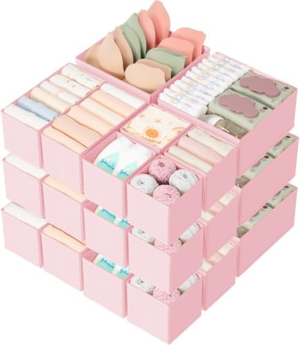 Criusia Drawer Organizer 18-Piece Set, Dresser Organizer for Baby Clothes, Foldable Closet Storage & Drawer Dividers for Underwear, Socks, Nursery (Pink)