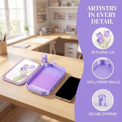 RaySoar 3D Printed Diamond Art Trays with Lids, High Edge Anti-Spill Rhinestone Tray with Exquisite Pattern for Diamond Art Accessories - Light Purple