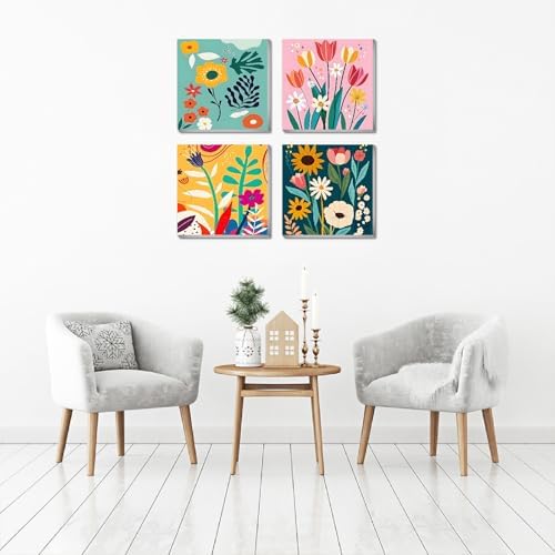 FQOVKYN 4 Pack Paint by Numbers Kit for Adults with Frame Flower Easy, Abstract Art Floral Framed Painting by Numbers on Canvas, DIY Acrylic Watercolor Oil Paint Kits for Home Decor 8 x 8 Inch