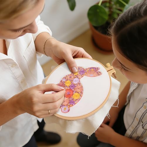 Easter Embroidery Kits for Beginners Adults, Flowers Bunny Embroidery Kits, Hand Stamped Cross Stitch Kits for Beginners Adults & Women Easter Gifts, Entire Set of Embroidery Supplies & Video Tutorial