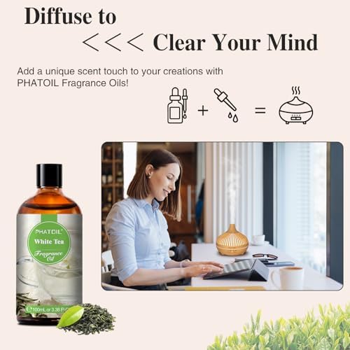 PHATOIL White Tea Fragrance Oil for Diffuser Aromatherapy 3.38FL.OZ | Long Lasting Scented Oils For Humidifier, Air Freshener, DIY Soap Candle, Scent Project Making, Aroma Oil for Home Freshening