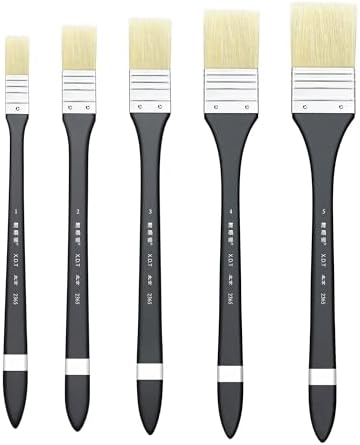 XDT#2365 Hake Artist Paint Brush 5 Piece Set, Hog Bristle Paint Brushes for Acrylic Painting, Flat Brushes with Black Handle for Art, Craft, Oil & Watercolor, 5 Assorted Sizes (0.59" to 1.54")