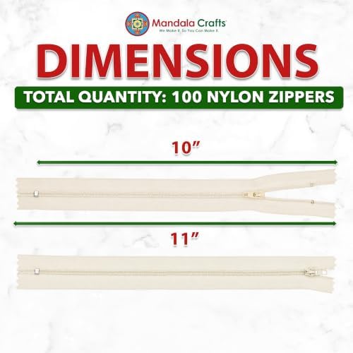 Mandala Crafts 100 PCs Cream Closed-End 10 Inches Nylon Zippers for Sewing