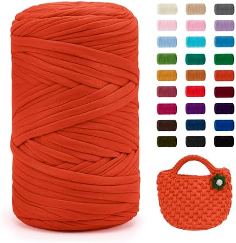 JeogYong T-Shirt Yarn, 400g/131 Yards Elastic Fabric Crochet Cloth T Shirt Yarn, Thick Hand Knitting Polyester Fabric Ribbon for Crocheting Bags/Baskets/Rugs, Home Decor, DIY Crafts (Orange)