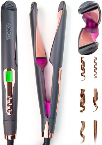 ANGENIL Pro Twist Ceramic Flat Iron 1 Inch, Dual Voltage Hair Straightener and Curler 2 in 1, Multi-Stylers Round Flat Iron Hair Curling Iron, Fast Heating LCD Display, 11 Adjustable Temp (250℉-450 ℉)