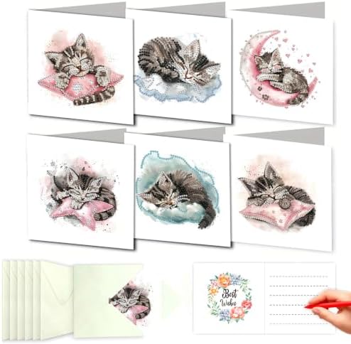 DDGYP 6 Pack Diamond Painting Greeting Cards,Craft Cards for Cat Lovers