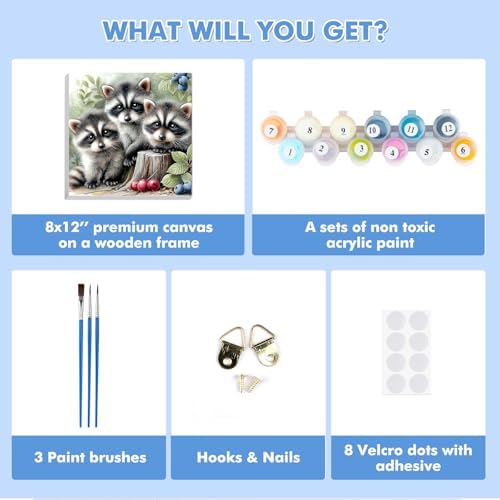 Bowetile Baby Raccoons Paint by Numbers Kit for Adults, Framed Painting by Numbers Animals, Adults' Paint-by-Number Kits on Canvas, Acrylic Number Painting for Home Wall Decor, 12x12in