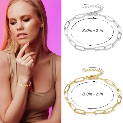 Exway 10 Pcs Paperclip Charm Bracelets Chain 8.0 Inch Stainless Steel Gold Chain Bracelets Kit with Lobster Clasps for Crafts DIY Women Jewelry Making