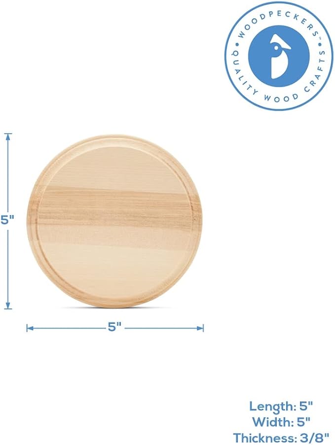 Round Wooden Discs 5 inch, Pack of 1 Unfinished Wood Coasters for Crafts, Modern Coasters, Wood Rounds for Crafts, by Woodpeckers