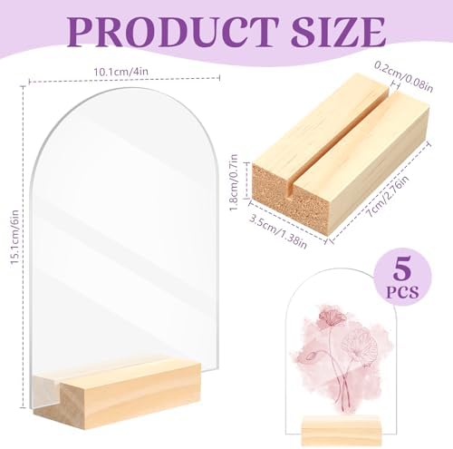 Bercoor 5 Pack 4x6 Inch Blank Clear Arch Acrylic Sign with Wooden Stands, Arched Round Top Acrylic Sheet, DIY Acrylic Arch Table Numbers for DIY Name Card Gifts Event Party Sign Decoration