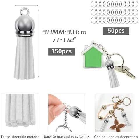 Tassels for Jewelry Making 150 Pieces White Leather Tassels Bulk 38mm Silver Cap Keychain Charms with 50pcs Jump Rings for DIY Jewelry Keychain Blanks Bracelet Crafting Supplies