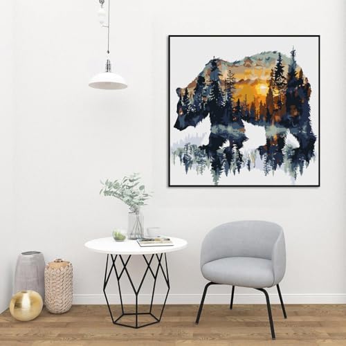 Meothan Paint by Numbers Kit for Adults Beginner 16x16 inch (Without Frame) | Forest Bear Adult Paint by Number Kits on Canvas, DIY Acrylic Oil Easy Painting by Numbers for Home Wall Decor