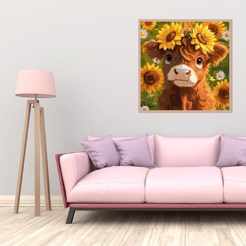 AALBLAC Cow Paint by Numbers Kit for Adults Beginners, Highland Cow Flower Paint by Number for Adults, Easy Animal Acrylic Painting by Numbers for Home Wall Decoration (16x16 inch)