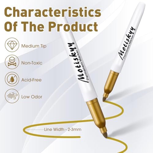 Motiskyy 72 Pcs Metallic Permanent Markers Bulk Metallic Marker Pens Medium Tip Quick Dry Paint Pen for Classroom DIY Crafts Artist Illustration Gift Card Making School Supplies(Gold)