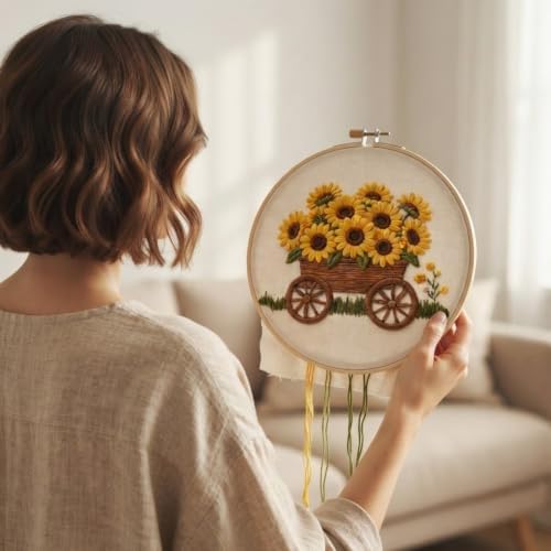 DJBVHSF Sunflower Embroidery Kit for Beginners Adults, 3D Raised Hand Needlepoint Starter Cross Stitch Kits with Hoop, Colorful Cotton Threads & Complete Tools for Home Decor Holiday DIY Gift