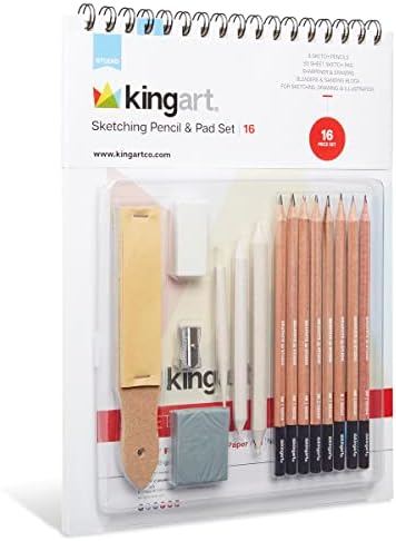 KINGART 16 Piece Sketching Set, Professional Drawing Pencils Art Kit w/Graphite & Charcoal Pencils for Beginners, Students, Adults Shading