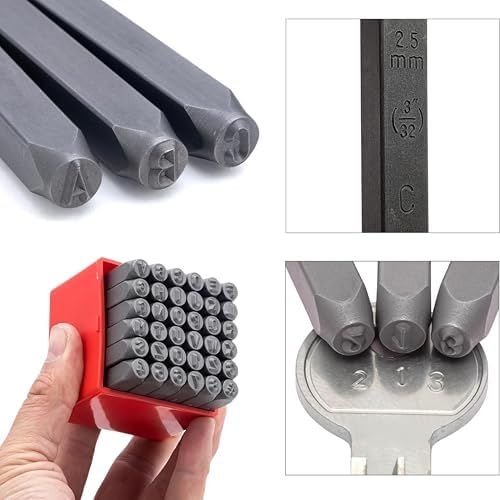NEIKO 02630A Number and Letter Punch Set with Heat-Treated Steel Punches, Imprinting & Arts and Crafts, 3/32" (2.5MM) Shaft, 36 Pc Stamp Set, Uppercase Letter & Number Punch Set (A-Z / 0-8 / "&")