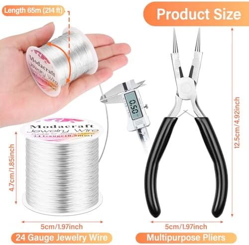 Modacraft 24 Gauge Wire for Jewelry Making with 4-in-1 Pilers, 213.3 FT/0.5 mm Craft Wire Tarnish Resistant Copper Beading Wire for Jewelry Making Supplies and Crafting (Silver)