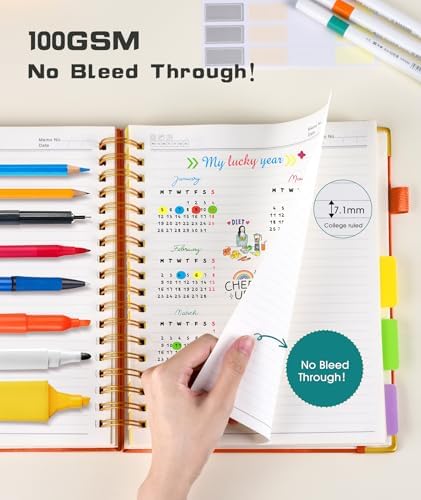 Hardcover Spiral Notebook Journal with Removable Dividers Tabs, 300 Pages Leather 5 Subject Notebook College Ruled, 8"x10" Large Notebooks for Work School Note taking, Lined Journal for Women, Orange