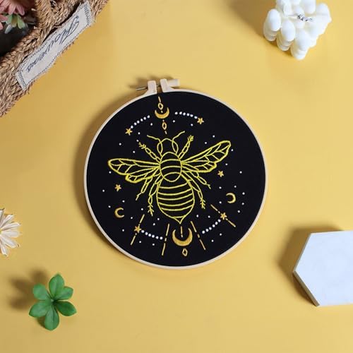 Louise Maelys 3 Sets Tarot Embroidery Kits for Beginners,Cross Stitch Kit for Adults,Crewel Starters Needlepoint with Moon, Butterfly, Bee and Moth Pattern and Tool