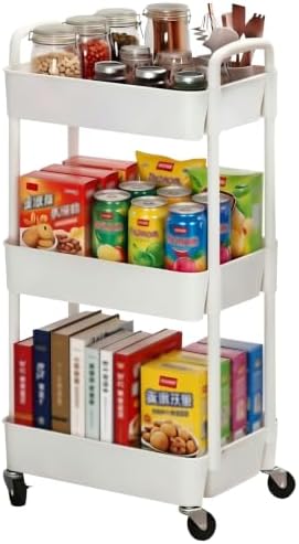 Sywhitta 3-Tier Plastic Rolling Utility Cart with Wheels for Storage,White