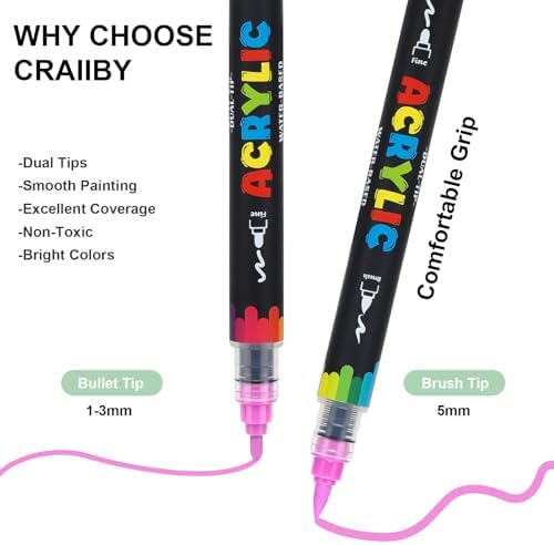 Dual Tip Acrylic Paint Pens, 12 Colors Acrylic Paint Markers with Fine & Brush Tip, Water-Based Permanent Paint Pens for Rock Painting, Canvas, Glass, Wood, Ceramic, Fabric DIY Crafts