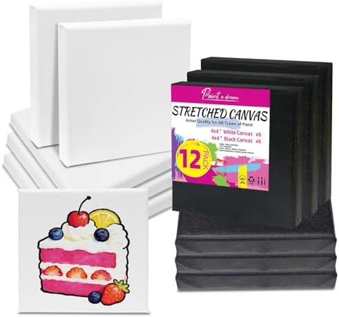 12 Pcs Stretched Canvas, 4x4 Canvas, Black & White Blank Canvas, 100% Cotton (280g) with Natural Cottonseed Husk, Triple Primed, Warp-Resistant Wood Frame, Ready to Paint for Acrylics & Oils