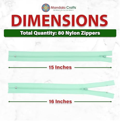 Mandala Crafts 80 PCs Mint Closed-End 15 Inches Nylon Zippers for Sewing