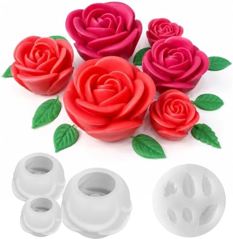 4 PCS Rose Candle Mold Silicone – Flower Shape with Leaf for DIY Soap Resin