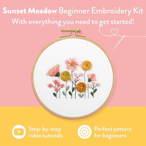 Clever Poppy Sunset Meadow Beginner Embroidery Kit – Easy Embroidery Kit for Beginners with Hoop, Thread & Patterns – Hand Embroidery Kit for Adults and Teens – Complete Embroidery Starter Kit