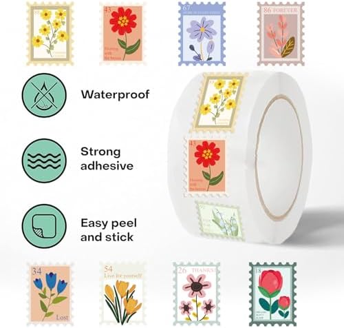 1000PCS Flower Stamp Stickers Roll, 2 Rolls 10 Designs Floral Stickers