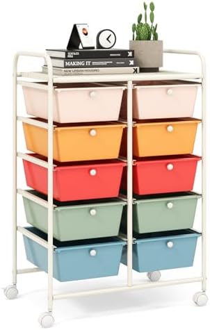LDAILY 10 Drawer Rolling Cart, Storage Cart Organizer on Wheels, Drawer Cart with Metal Frame & Large Storage Capacity, Rolling Cart with Drawers for Living Room Classroom, Office