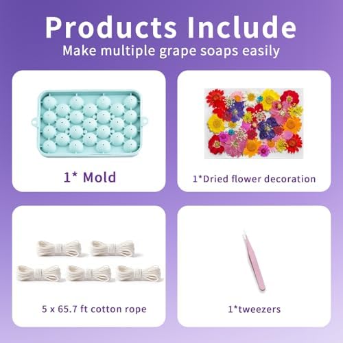 DIY Soap Making Kit, Silicone Grape Soap Mold with Cotton Rope, Dried Flowers & Tweezers, Exquisite Mold for Handmade Grape Soap Making Gift & Home Decor