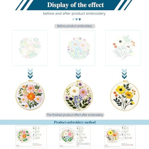 FEIYUENO 3 Sets Flowers Embroidery Kit for Beginner Adults (Sunflower)