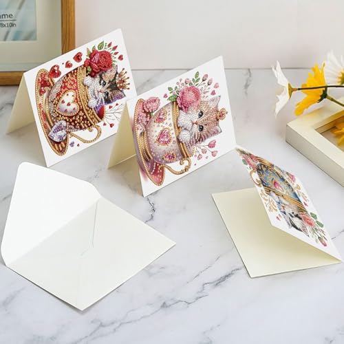antor 6 Pack DIY Cat in Teacup Diamond Painting Greeting Cards with Envelopes – Cute Animal Rhinestone Art Craft Kit, Handmade Crystal Card Set, Diamond Art Kits for Adults