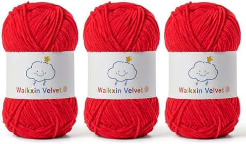 3 Pack Fluffy Chenille Yarn for Crocheting，Baby Yarn for Crocheting Soft，150g/5.28oz Velvet Amigurumi Yarn ，Fingering Weight Yarns for Crocheting Baby Blankets、DIY Craft.(3 Red)