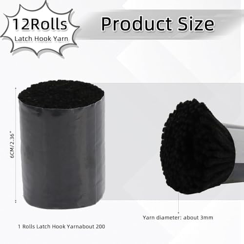 AKZYTUE 12 Rolls Latch Hook Yarn, Precut Rug Yarn for Latch Hook Kits, Crochet Yarn Bundles for Latch Hook Rug Making, DIY Tapestry Crafts for Adults & Beginners,Black